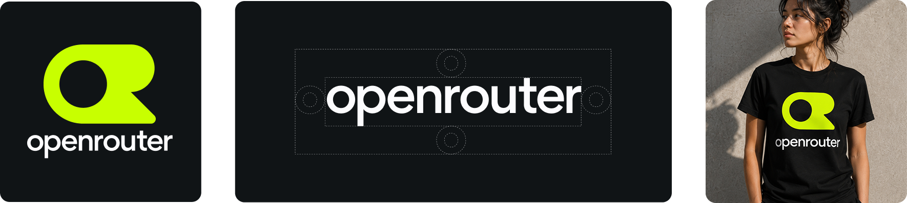 OpenRouter brand elements: logo, wordmark, and merch (dark mode)